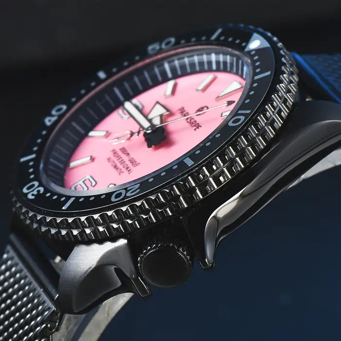 PARNSRPE rose plongeur montre automatique hommes montre japon NH35 mouvement noir montre mécanique verre saphir indicateur de Date