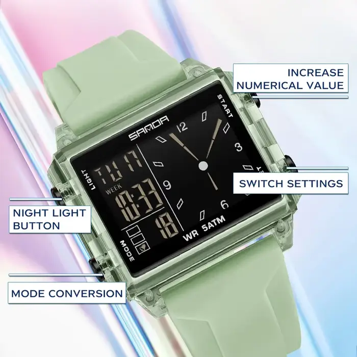 SANDA mode montre analogique électronique pour hommes femmes étanche cadran carré compte à rebours minuterie montre-bracelet numérique homme heure mondiale