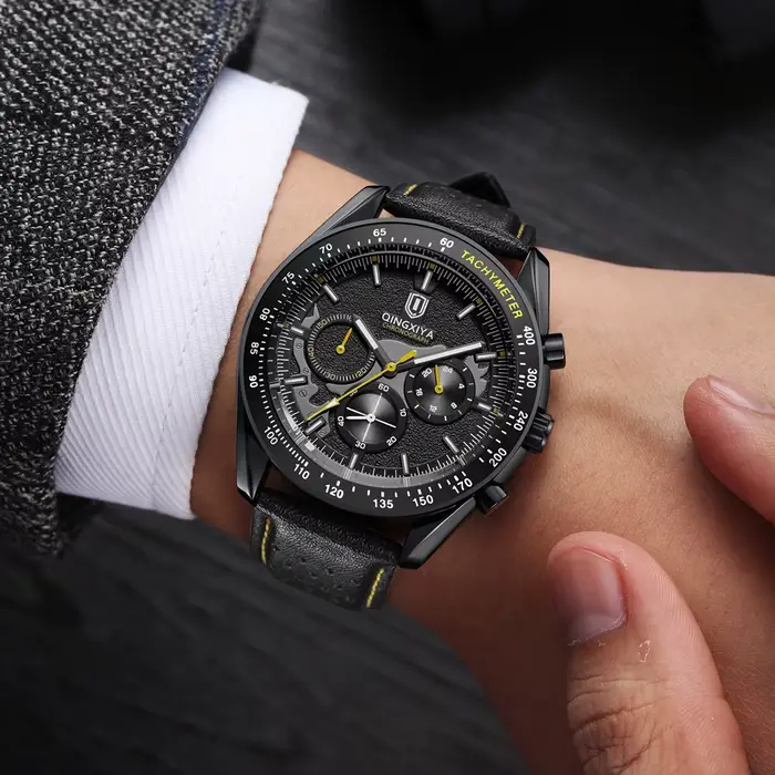 QINGXIYA haute qualité hommes Sport montre à Quartz haut de gamme de luxe chronographe horloge mâle en cuir militaire