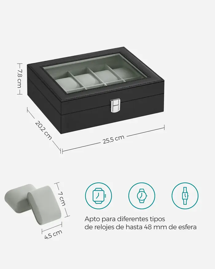 Boîte de présentation de montres à 10 compartiments avec couvercle en verre transparent