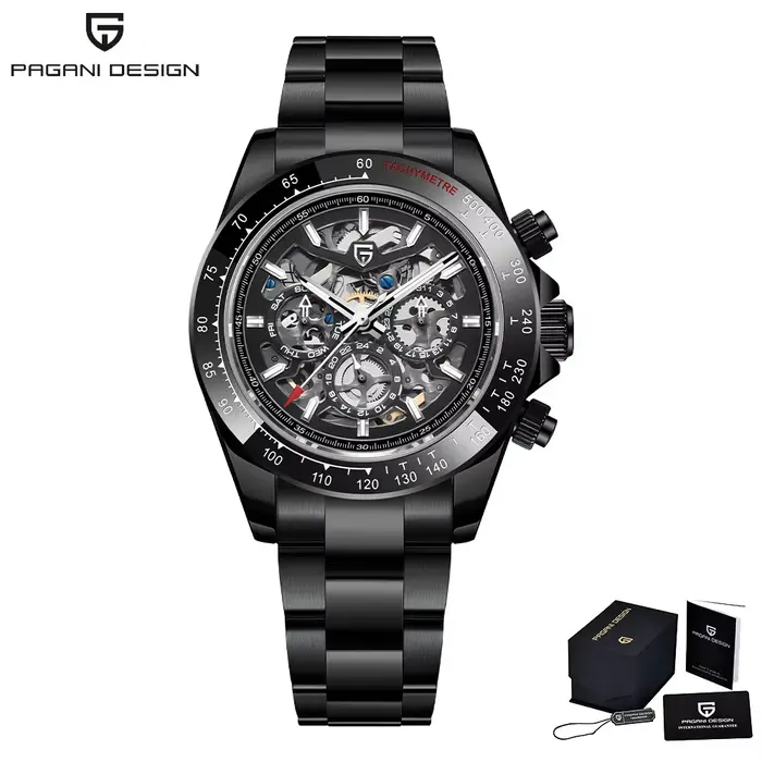 Montre mécanique automatique pour homme PAGANI DESIGN avec lunette sertie de pierres précieuses colorées