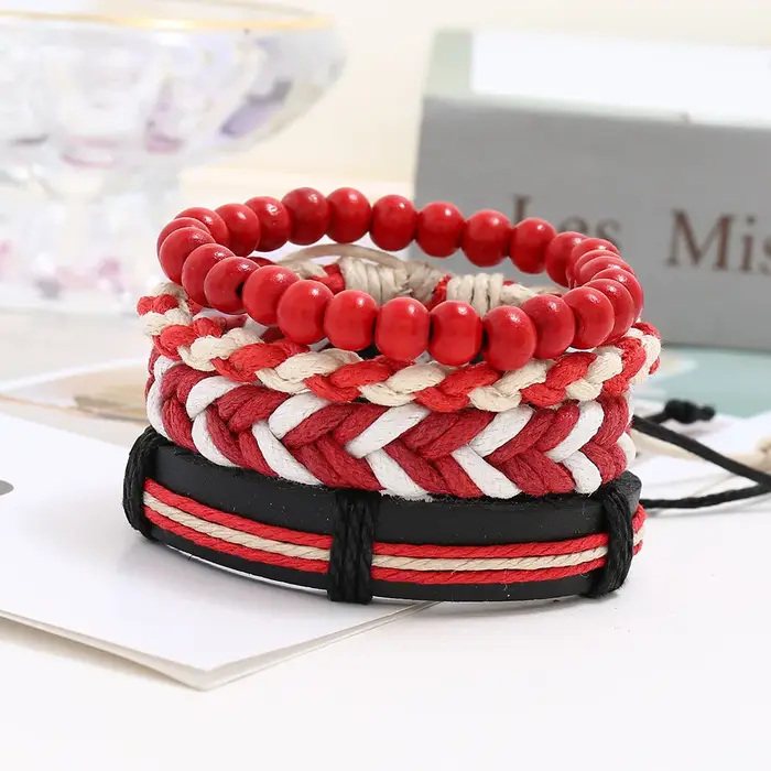 Bracelet classique en cuir tressé rouge pour homme