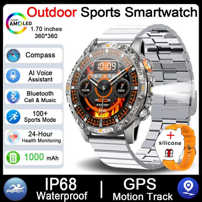 Montre connectée GPS pour homme avec batterie super capacité 1000 mAh, boussole, étanche 3 ATM, appels Bluetooth HD, écran 1,7 pouces, nouvelle version 2026
