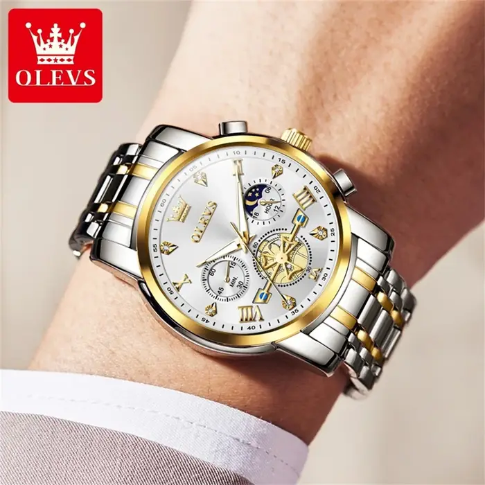 OLEVS 2856 homme 24 heures Phase de lune chronographe affichage latéral étanche lumineux multifonction Original montre-bracelet à Quartz pour hommes