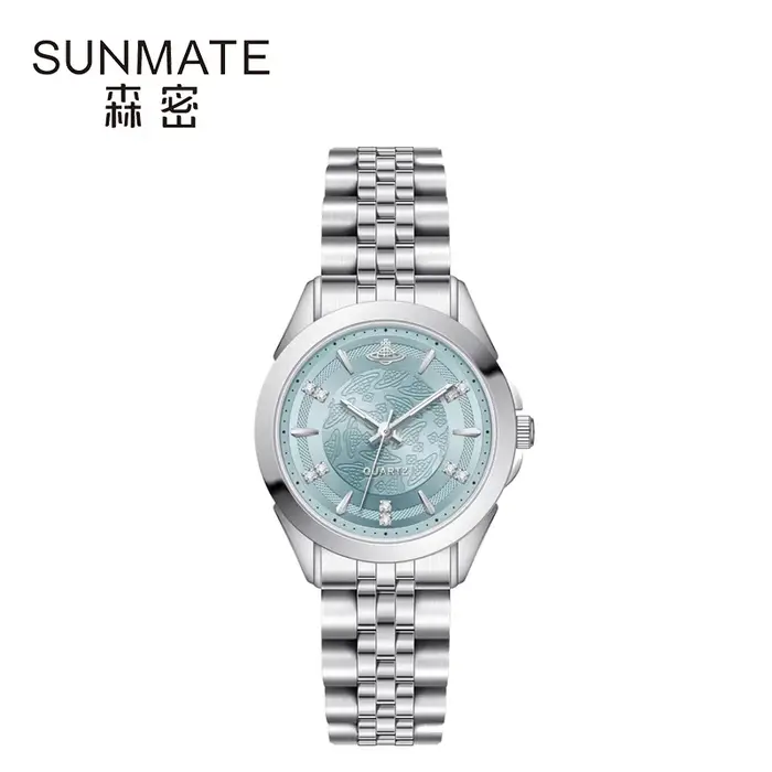Montre pour femme SUNMATE de luxe avec cadran bleu glacé, marqueurs d'heures en strass, bracelet en