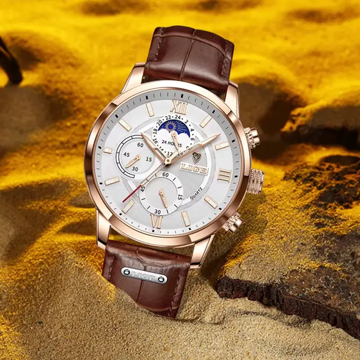 2025 LIGE montres hommes Top marque horloge de luxe décontracté en cuir 24 heures Phase de lune