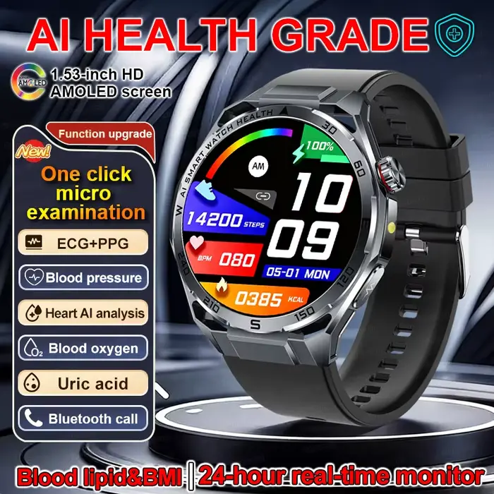 Montre connectée ECG AMOLED pour hommes, avec examen micro-physique, mesure de la pression artériell