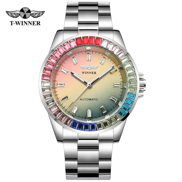 T-WINNER classiques diamants colorés montres mécaniques pour hommes mouvement automatique 3ATM étanche en acier inoxydable haut de gamme de luxe