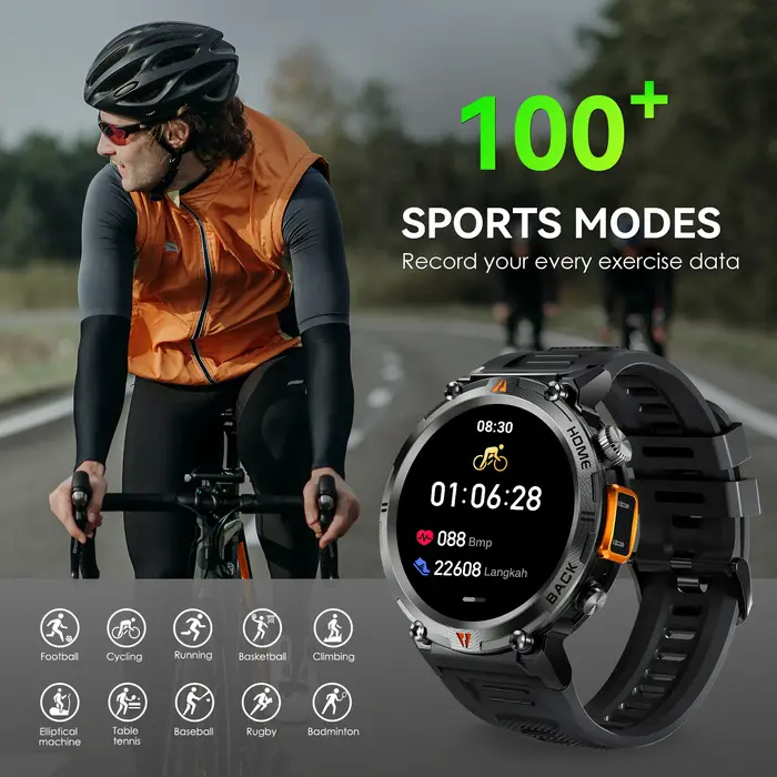 EIGIIS montre intelligente militaire pour hommes avec LED 1.45 " Smartwatch extérieur avec appels Bluetooth moniteur de fréquence cardiaque et de sommeil traqueur d'activité physique