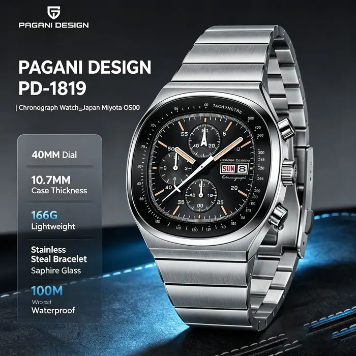 Montre chronographe carrée PAGANI DESIGN pour homme, mouvement japonais Miyota OS000, saphir, étanche, acier inoxydable, montre sport.