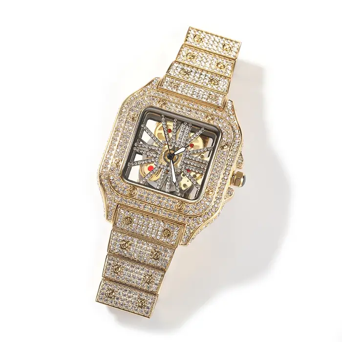 Uwin glacé montre pour hommes cadran carré Quartz marque de luxe montres automatiques squelette horloge Hiphop Relogio