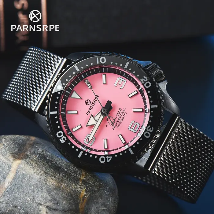 PARNSRPE rose plongeur montre automatique hommes montre japon NH35 mouvement noir montre mécanique v