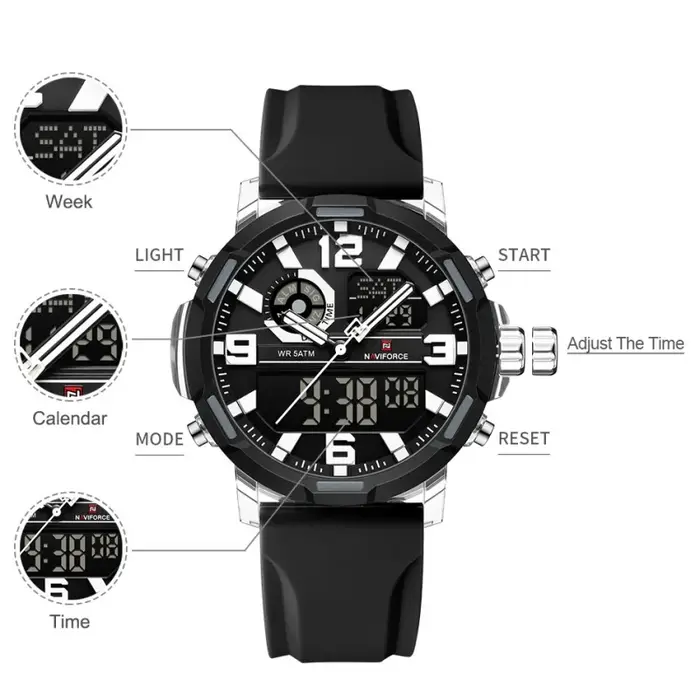 NAVIFORCE 2026 Montre Chronographe Homme Étanche 5ATM Double Affichage Alarme Semaine Mode Sport Cadeau Montre-Bracelet Relogio Masculino
