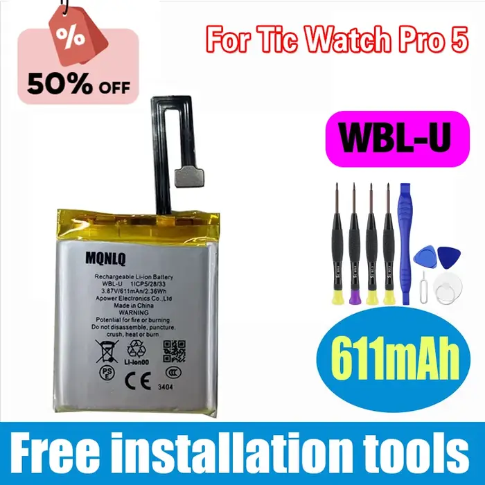 Batterie de remplacement WBL-U 3.87V 611mAh pour montre intelligente TicWatch Pro 5 WBL-U + outils