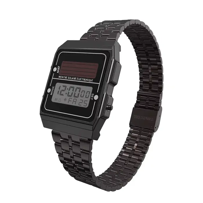 Montre numérique solaire pour hommes, chronographe rétro, bracelet en acier inoxydable, étanche, mul