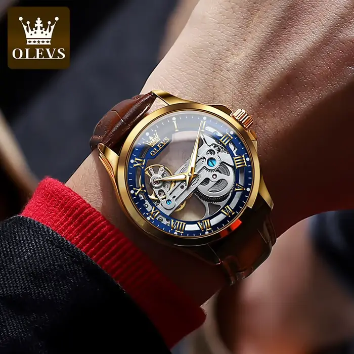 OLEVS 6661 entièrement Transparent squelette volant automatique mécanique montre pour hommes bracelet en cuir marque de luxe Original homme montre-bracelet