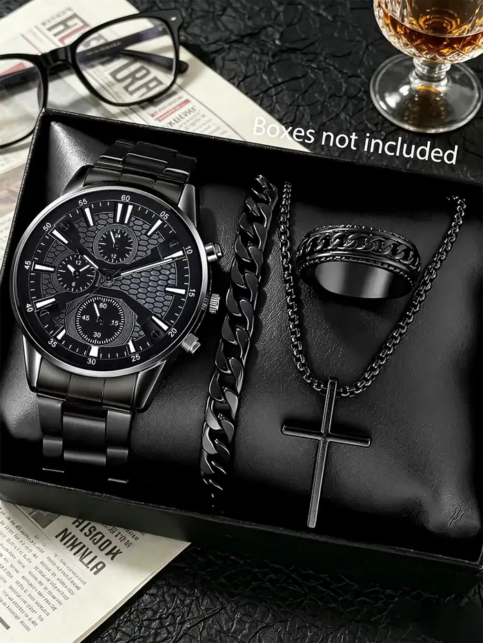 Ensemble Montre à Quartz, Bracelet, Collier et Bague pour Homme avec Motif Échelle – Marque de Luxe,