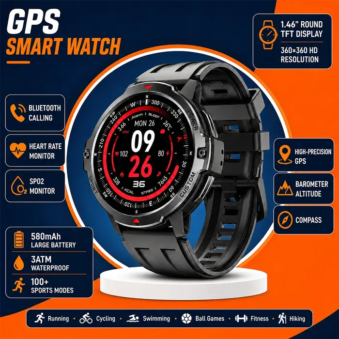 Nouvelle montre connectée GPS avec suivi en temps réel, boussole, plus de 100 modes sportifs, résist