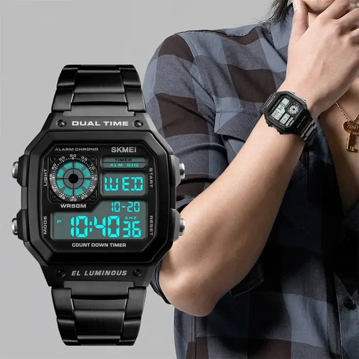 Skmei-Montre numérique en acier inoxydable pour homme