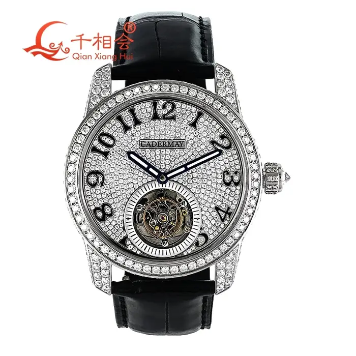 Montre mécanique de luxe entièrement Moissanite pour homme, montre-bracelet à mouvement transparent,