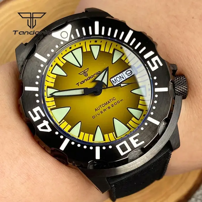 Tandorio-Montre existent pour Homme, Montre-Bracelet Mécanique, NH36, Monster 20Bar, Sweat-Shirt Noir, Double Date, Saphir Clip, 42mm