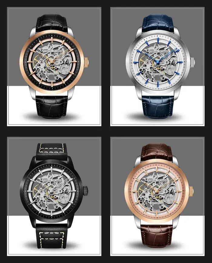 PAGANI DESIGN homme d'affaires montre de luxe squelette creux en cuir montre-bracelet