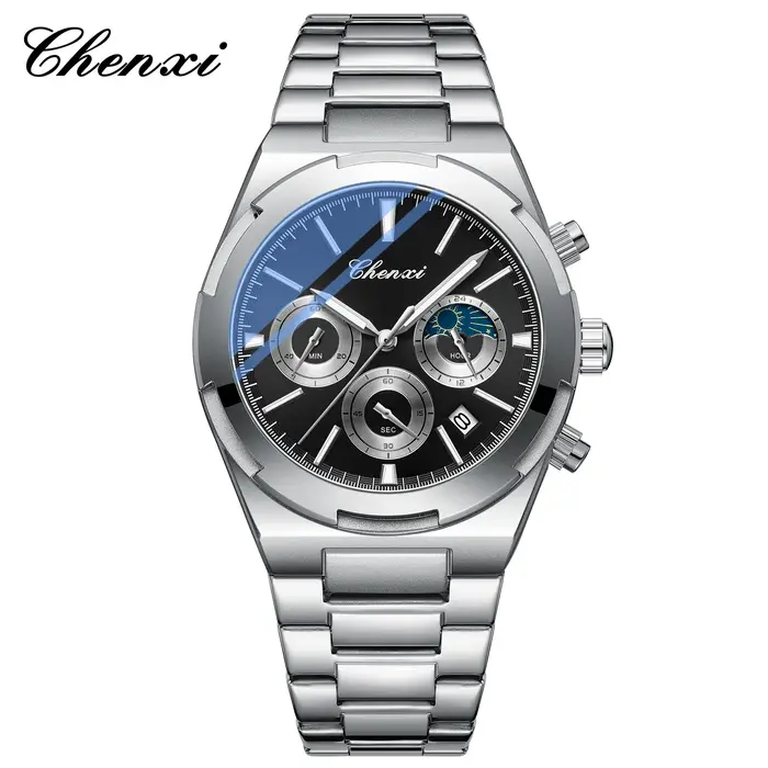 Montres pour hommes classique multifonctionnel chronographe montre de sport haut de gamme en acier inoxydable étanche lumineux montre-bracelet à Quartz