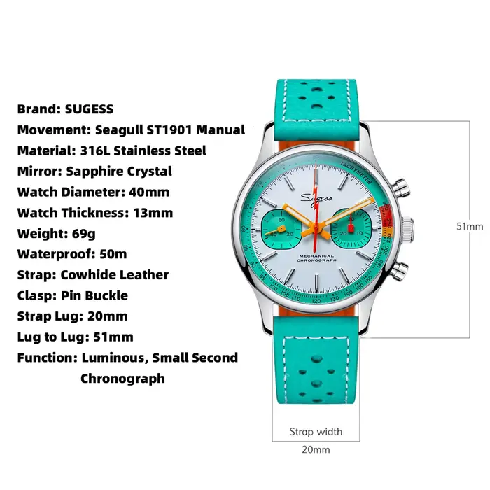 Sugess montre chronographe pour homme ST19 mouvement à col de cygne montres mécaniques saphir cristal pilote militaire horloge de course nouveau