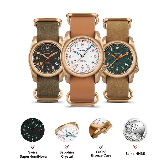 BODERRY – montre automatique pour hommes, 40MM, Bronze, mécanique, militaire, étanche 10ATM, saphir C3 lumineux NH35