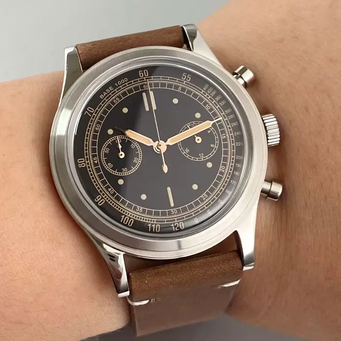 Montre rétro Tandorio pour hommes, 38mm, montre de Sport, mouvement Miyota OS20, chronographe, horloge à Quartz, cadran argenté, verre arqué à bulles