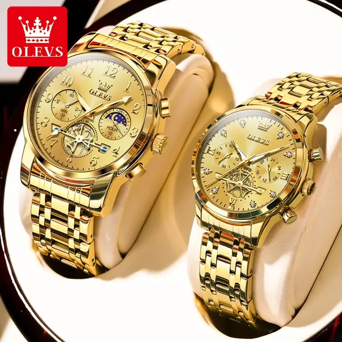 OLEVS nouveau volant d'inertie conception de luxe Couple montre étanche Phase de lune chronographe marque originale montre-bracelet à Quartz pour hommes femmes