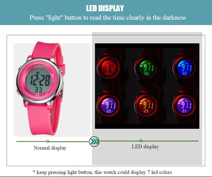 Montres numériques pour femmes, montre de sport imperméable à l'eau de couleur violette, montre électronique pour filles, montre pour femmes, 7 couleurs, réveils