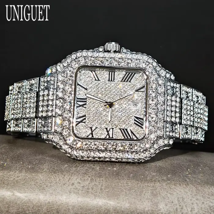 UNIGUET offre spéciale montre glacée de luxe pour homme mode montres carrées hommes Hip Hop diamant Bling bijoux montre-bracelet Reloj Hombre