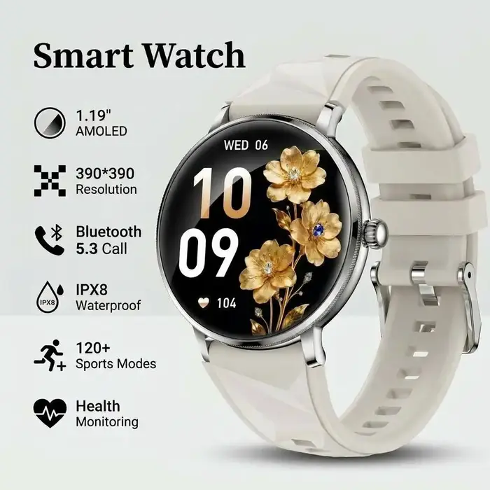 Montre connectée pour femmes 2026, écran AMOLED 1,19'', corps ultra-fin, plus de 120 modes sportifs, appels BT, suivi de la fréquence cardiaque et du sommeil, cadeau de Noël