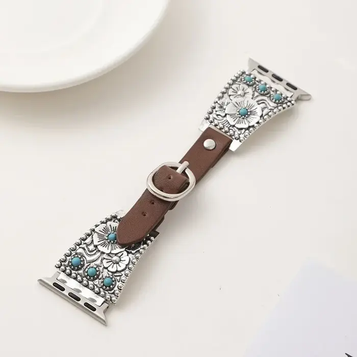 Bracelet en cuir et métal turquoise de qualité supérieure pour Apple Watch