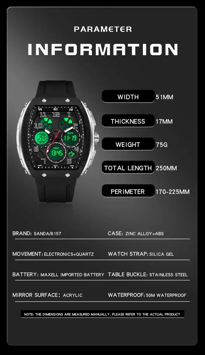 SANDA 6157 Nouvelle montre électronique pour homme tendance