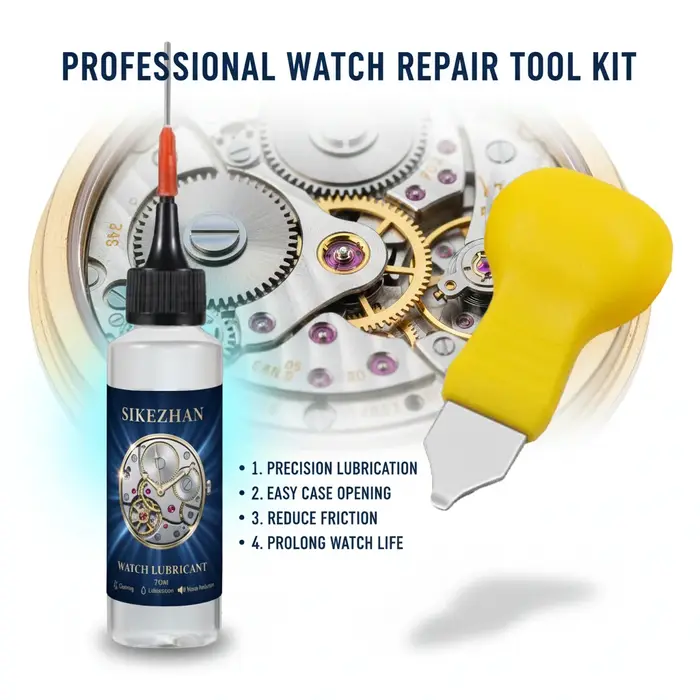 Kit d'entretien pour montre : huile lubrifiante de 70 ml + outil d'ouverture de cadran/boîtier, lubrifiant micro-goutte, réduit la friction, fonctionnement silencieux, antirouille