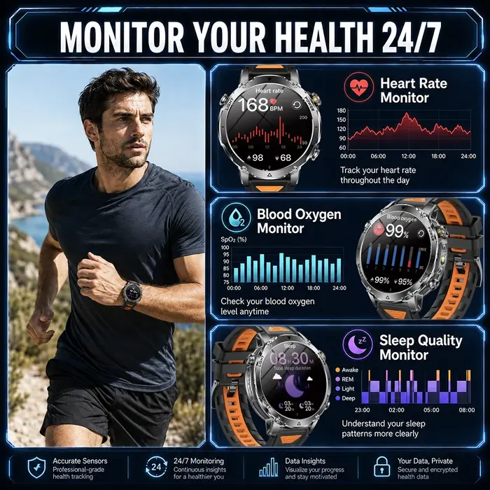 Nouvelle Montre Connectée Militaire 2026 avec GPS Intégré, Batterie 1400 mAh, Sportive, Écran AMOLED 1,7'', Étanche IP68, LED Blanc Rouge, SOS, pour Hommes