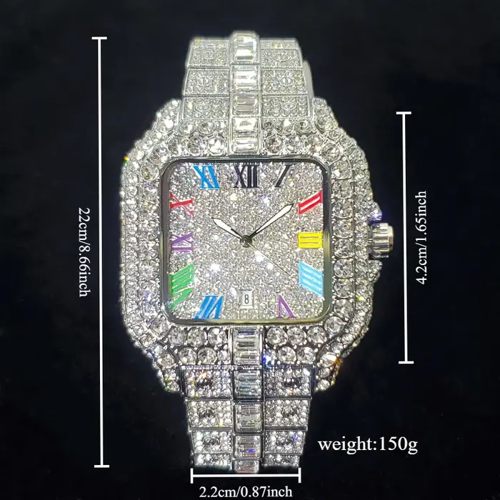 Montre en diamant de luxe pour hommes, montres numérotées colorées carrées glacées, bijoux Hip Hop B