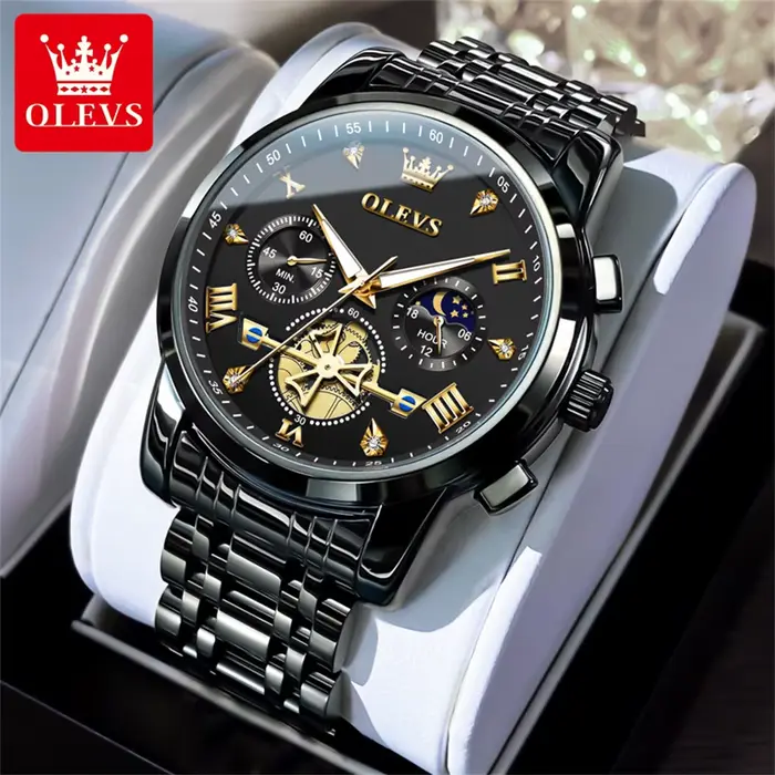 OLEVS montres pour homme phase de lune 30 m étanche mode véritable montre à quartz lumineux en acier