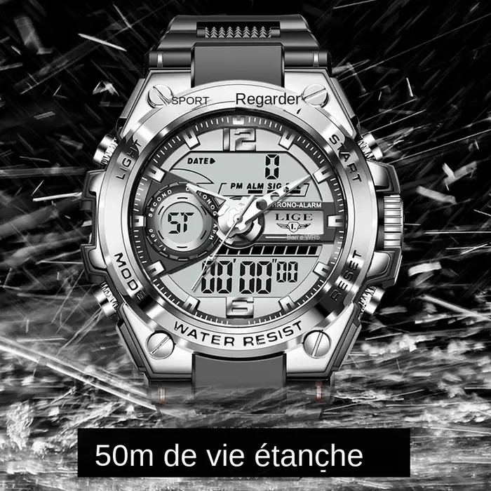 LIGE numérique hommes montre militaire 50m étanche montre-bracelet LED Quartz horloge Sport