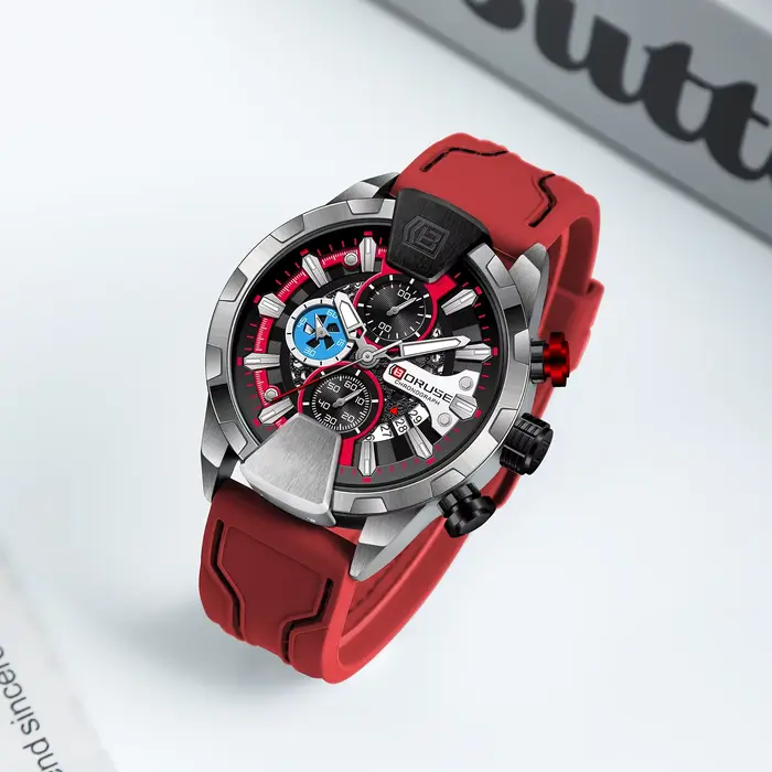 BORUSE montres pour hommes rouge étanche chronographe montre