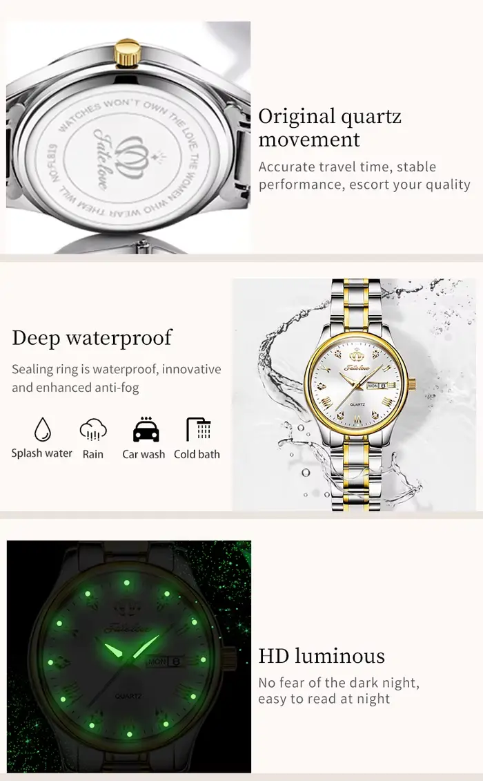 Fate Love 819 classiques femmes montre en acier inoxydable lumineux étanche calendrier robe élégante
