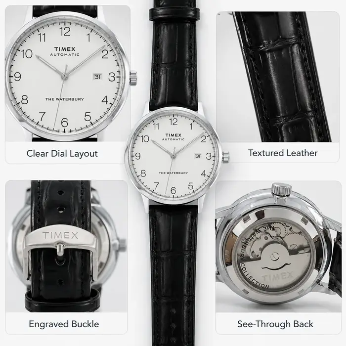 Montre automatique vintage Timex pour homme, cadran blanc épuré, bracelet en cuir noir gaufré, fond de boîtier transparent, montre-bracelet automatique