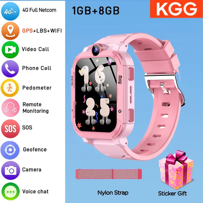 Montre connectée 4G pour enfants, téléphone GPS, WiFi, appel vidéo, SOS, moniteur d'appel, 1 + 8 Go, téléchargement d'applications, WhatsApp, montre connectée pour enfants, cadeau