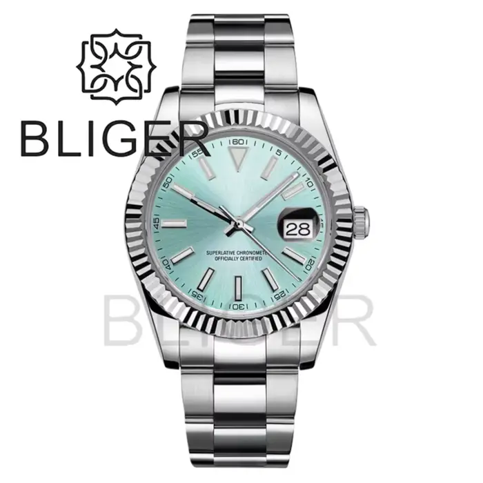 BLIGER 36mm/39mm montre DJ pour hommes lunette cannelée verre saphir étanche en acier inoxydable fermoir Glidelock cadran lumineux Sunburst
