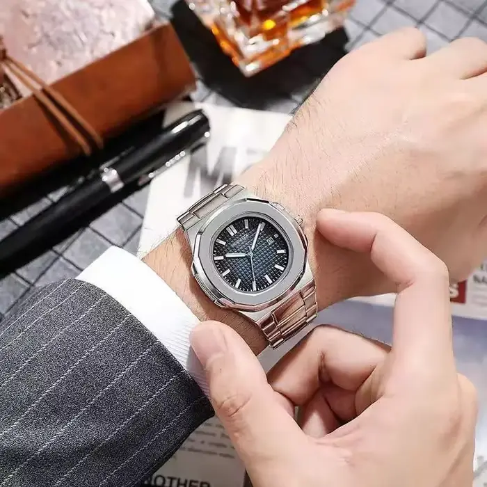 Montre de luxe pour hommes, mode décontractée, grand cadran, argent, acier inoxydable, calendrier, Q
