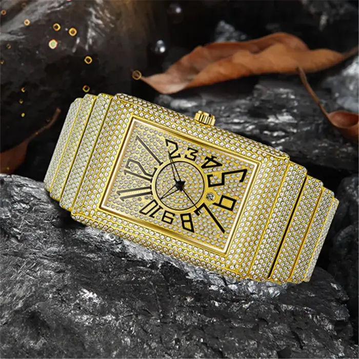 Montre de luxe en diamant doré et argenté pour hommes, montres-bracelets à quartz, Hip Hop Date, horloge masculine, marque supérieure