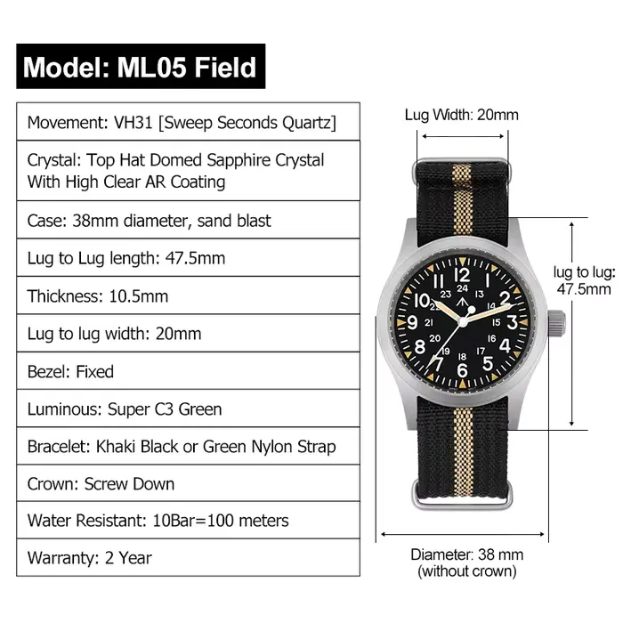 Militado ML05 montre Vintage VH31 balayage deuxième mouvement dôme cristal saphir avec revêtement AR