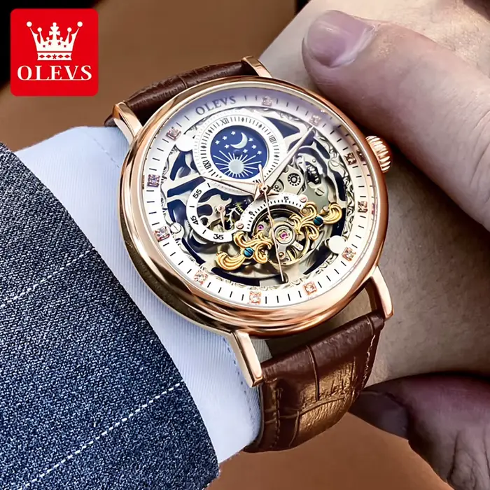 OLEVS Phase de lune montre mécanique hommes avec étanche automatique squelette